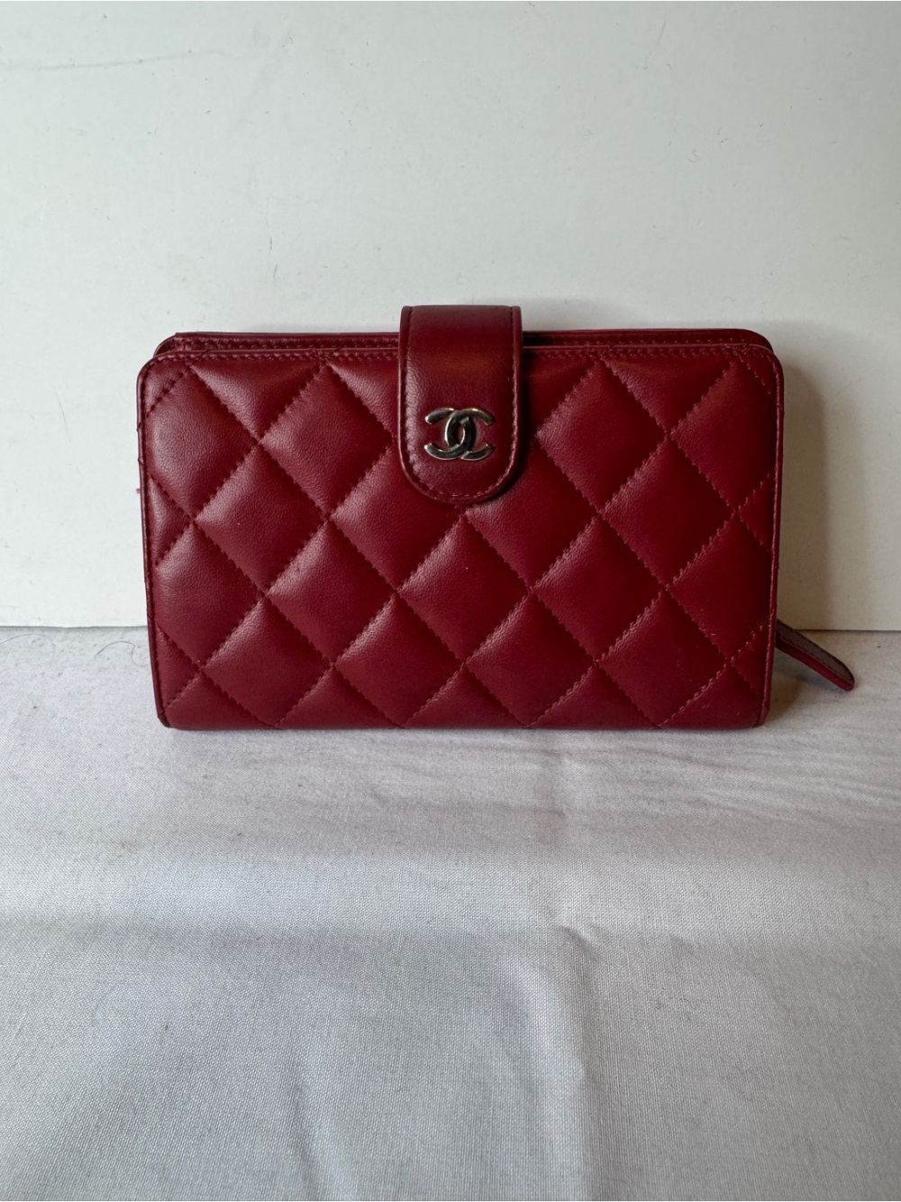 CHANEL Quilted Wallet in Deep Red with Silver CC Compact Wallet